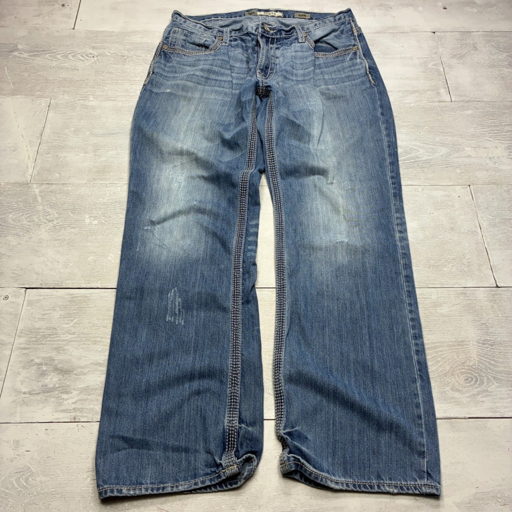 BKE Derek Jeans Mens 34R Blue Denim Straight Leg Contrast Stitch Distressed